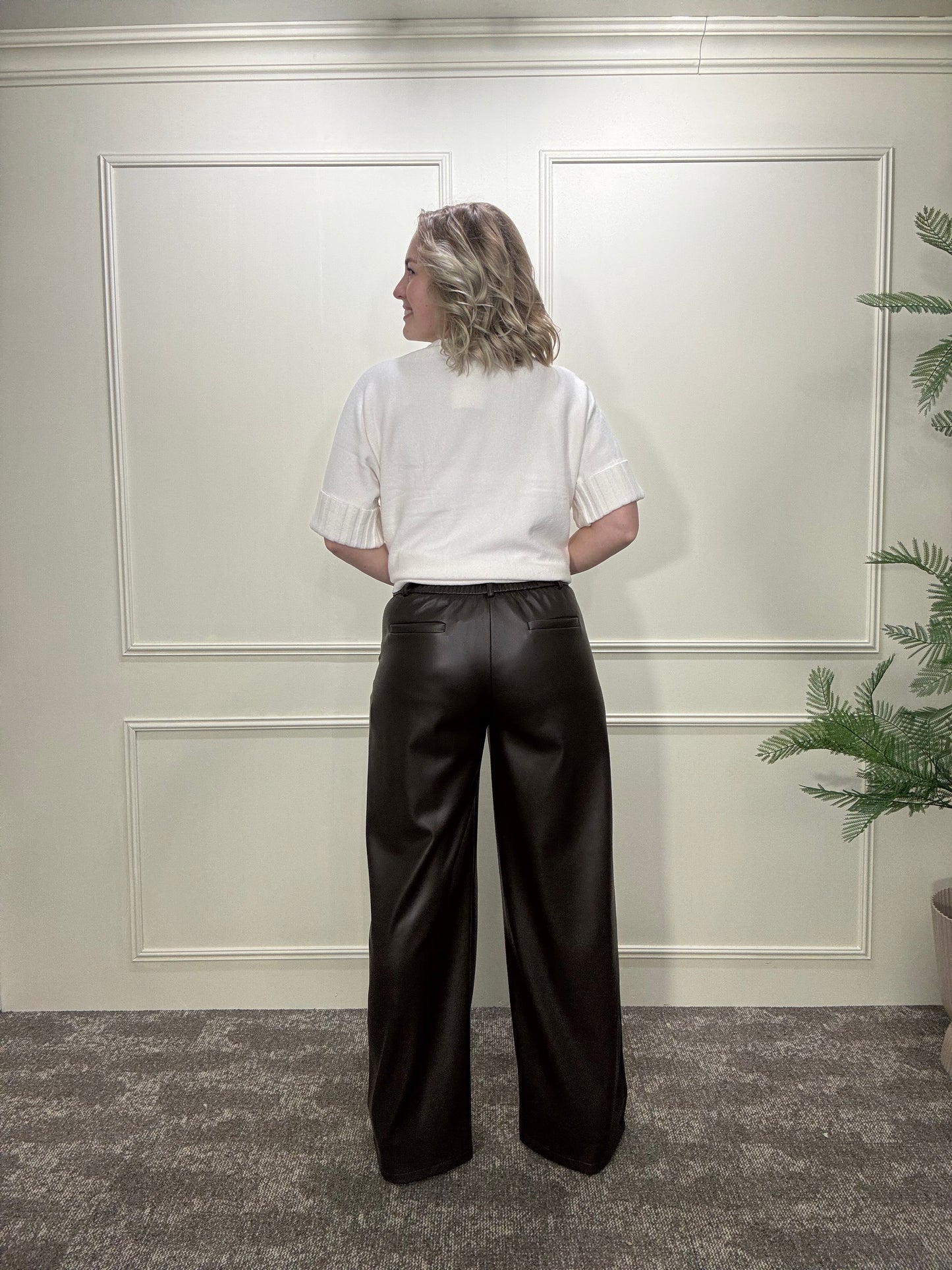 PU leather pants bruin wide leg fleece binnenkant Label Rozay