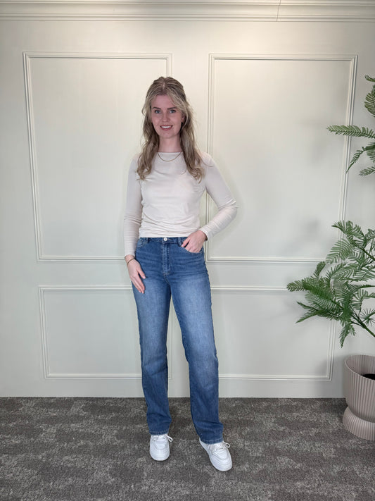 Beige comfortabele basic top ribstof Label Rozay