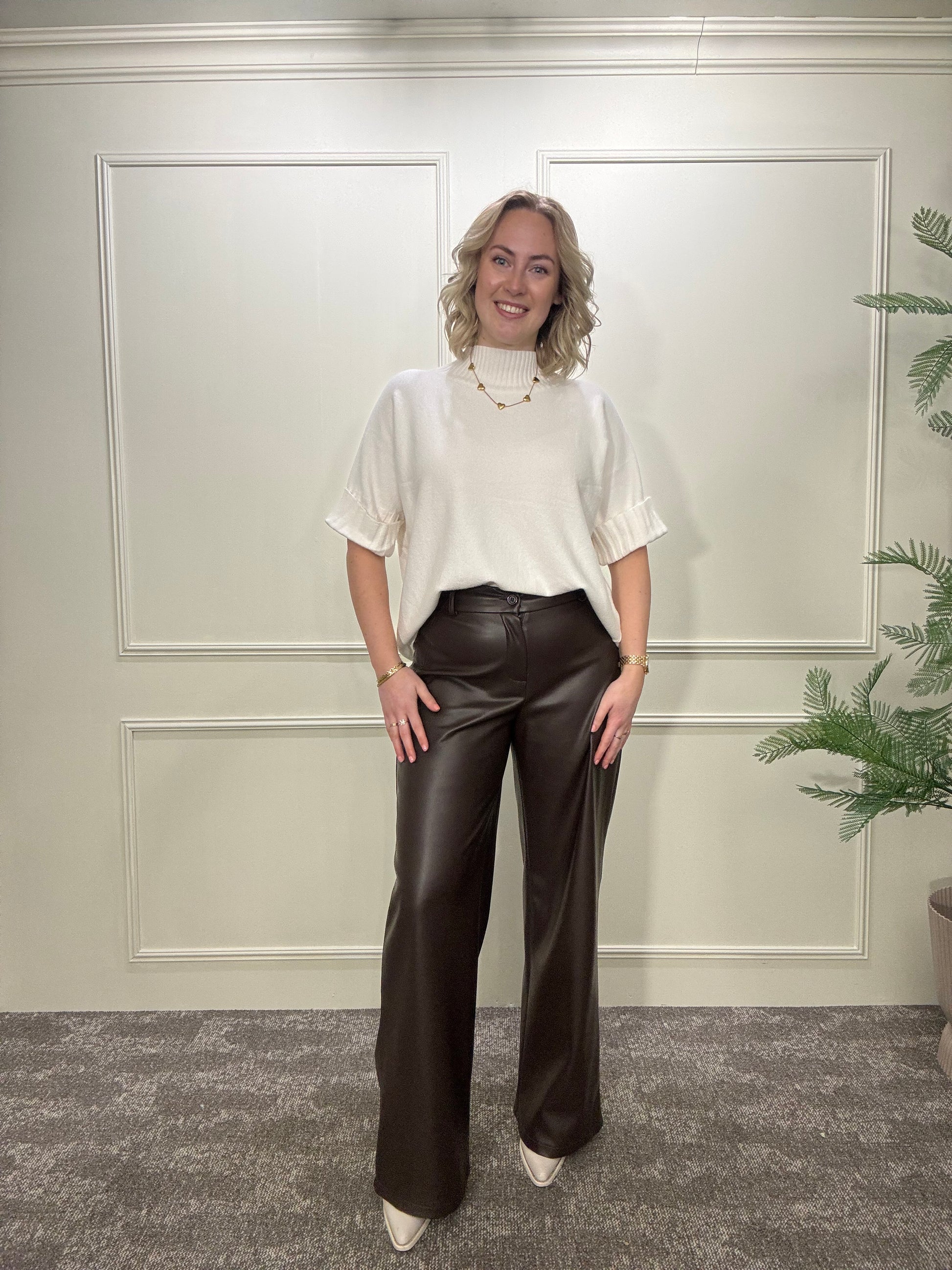 PU leather pants bruin wide leg fleece binnenkant Label Rozay