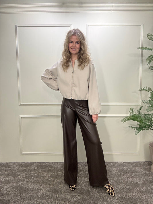 PU leather pants bruin wide leg fleece binnenkant Label Rozay