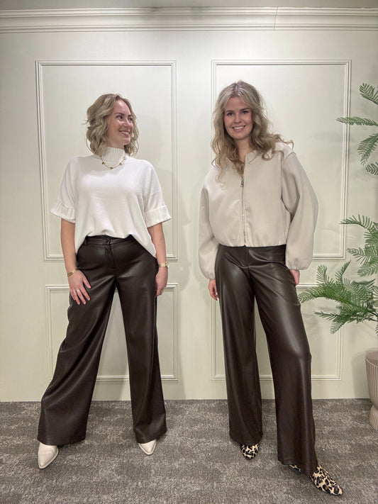 PU leather pants bruin wide leg fleece binnenkant Label Rozay