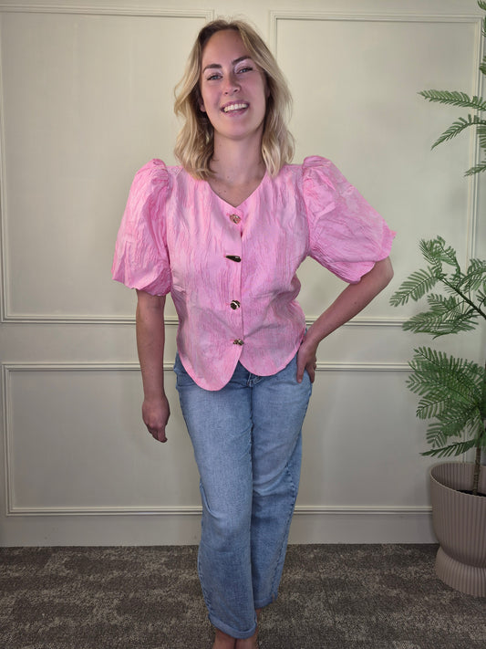 Top met pofmouwen roze