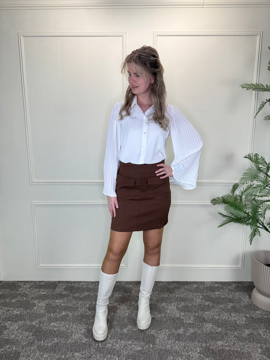 twill rokje bruin met neppe klepzakjes en blinde rits